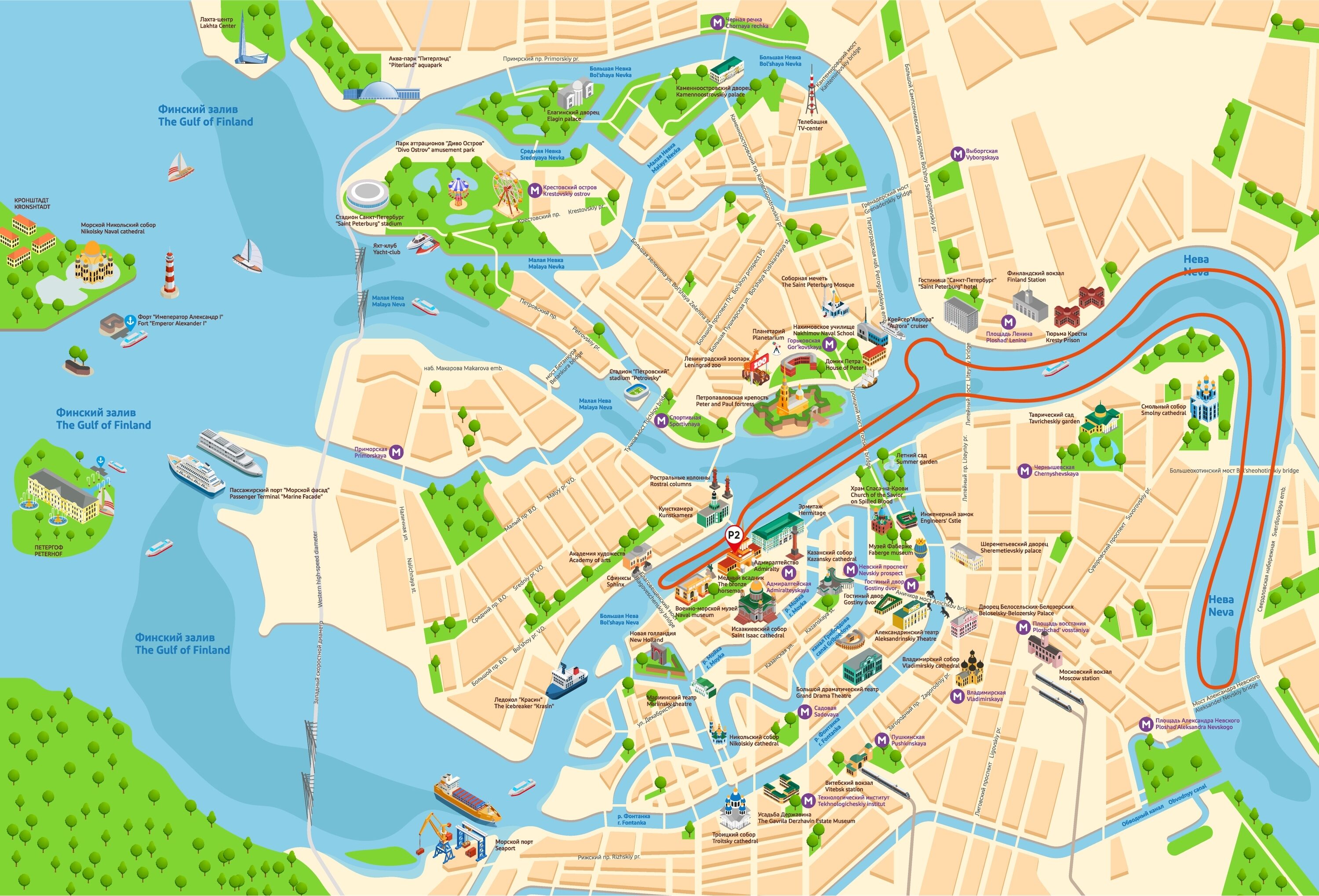 Река Нева в Санкт-Петербурге на карте